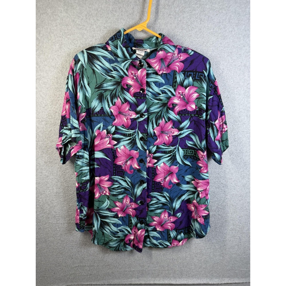 Vintage Jeri Marque Shirt Woman 1X Floral Tropical Hawaiian Rayon Button Up 90s